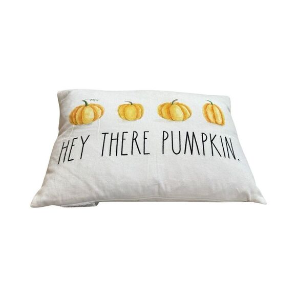 Rae Dunn Hey There Pumpkin Throw Feather Filled Pillow Yellow White Cotton NWOT - Picture 3 of 8